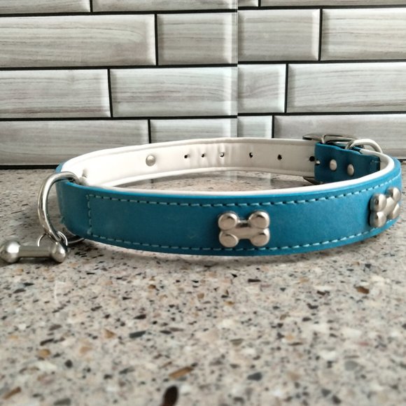 Blue White & Chrome Leather Dog Collar 24" MEDIUM - Picture 2 of 6